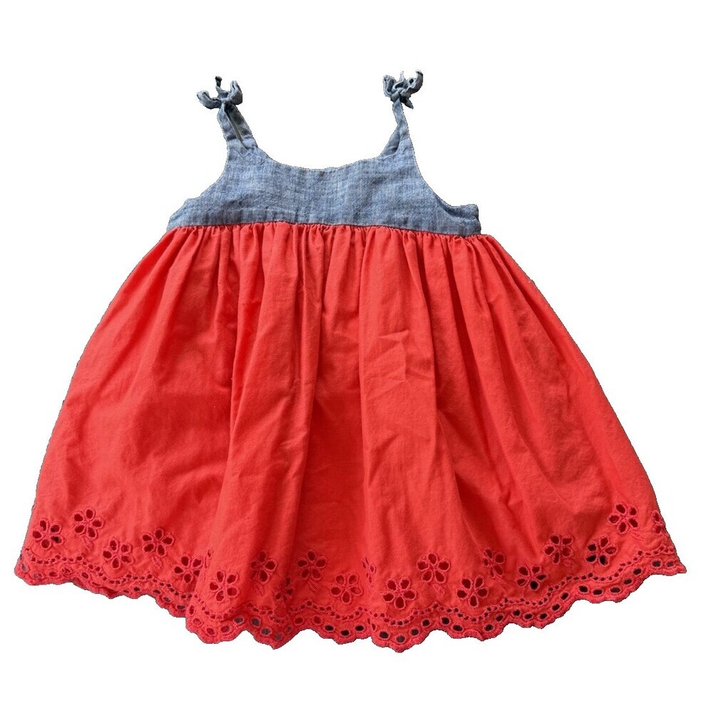 Baby Gap Girl Dress 6-12 Months Eyelet Trim Red Blue USA Chambray